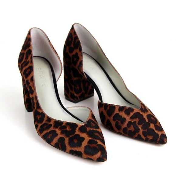 1. STATE BLACK BROWN CALF FUR ANIMAL PRINT MID HEEL POINTED TOE PUMP SHOES 9.5 M - Picture 7 of 14